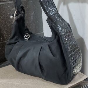 Vintage Brighton Black Canvas Shoulder Bag with Croc-Embossed Trim, Pleats